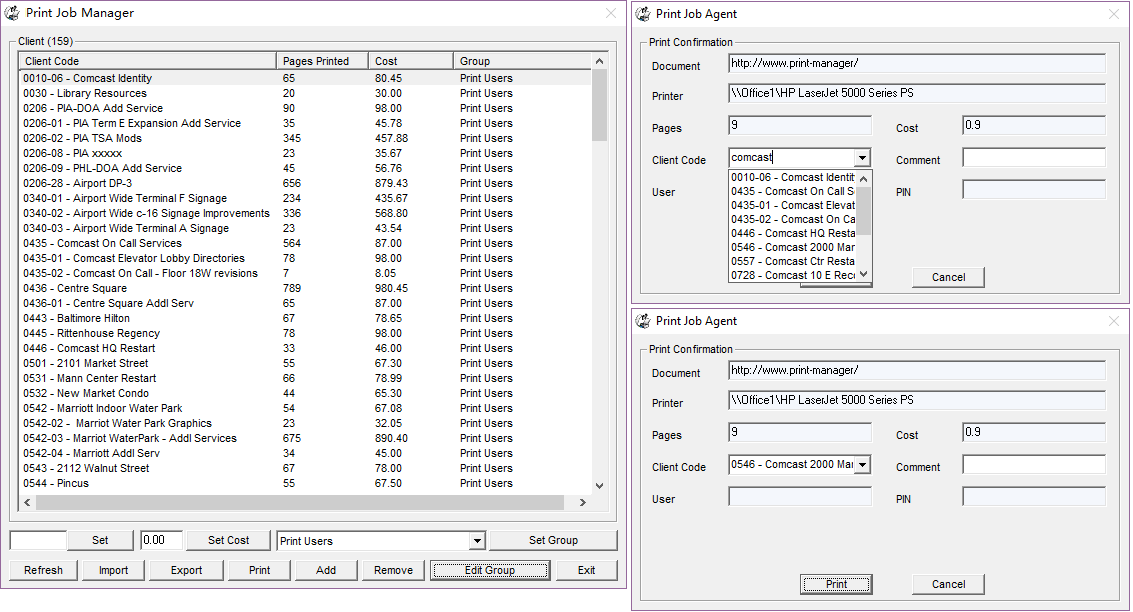 printer accounting with project code, client code and job code