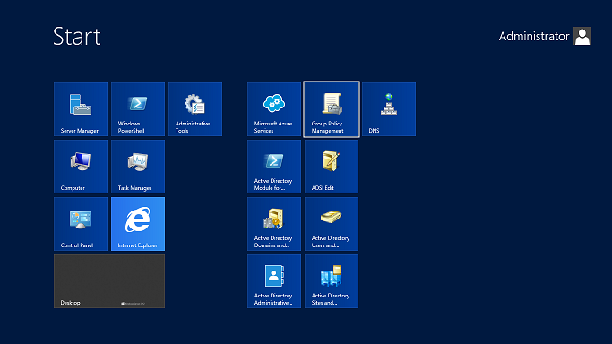 Windows Server 2012 Start Menu showing the Group Policy Management shortcut